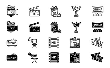 Cinema icon set. Clapperboard, projector, and camera sign. Popcorn with 3D glasses, tickets, and HD screen symbol. Director chair, award statue, and theater pictogram. Movie festival illustration.