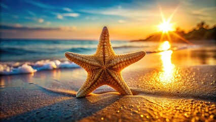Fototapeta na wymiar Coastal summer: Starfish basks on a sandy beach, ocean waves whisper nearby, shells adorn the shore.