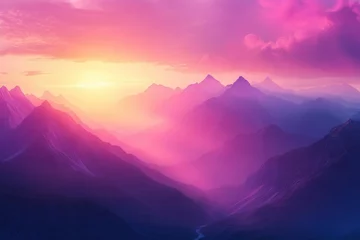 Gardinen a stunning sunrise illuminates majestic mountains, infused with retro neon colors that create a dreamlike atmosphere, inviting viewers into a fantastical landscape © julija