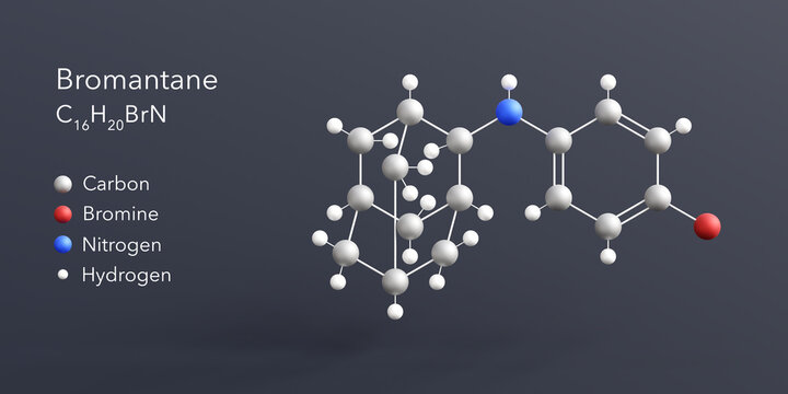 bromantane molecule 3d rendering, flat molecular structure with chemical formula and atoms color coding