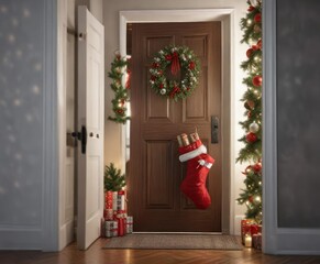 Fototapeta premium Stocking hung on door with festive holiday decorations, holiday theme, holly, berries