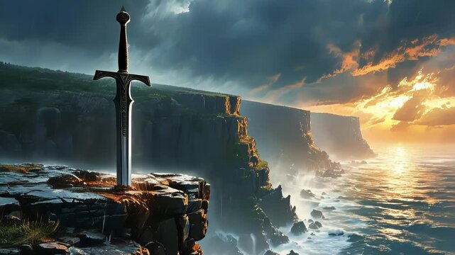 A majestic sword stands at the edge of scenic cliffs by the ocean.