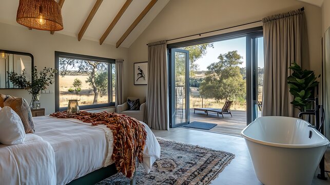 A modern bedroom with an open-plan bathroom featuring a sleek freestanding tub for a relaxing spa-like experience.
 - Powered by Adobe