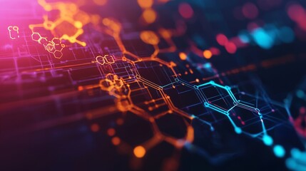 A vibrant digital network of interconnected nodes and lines, showcasing a fusion of orange and blue hues against a dark backdrop.