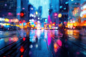Obraz premium Rainy Night Cityscape Seen Through Wet Window
