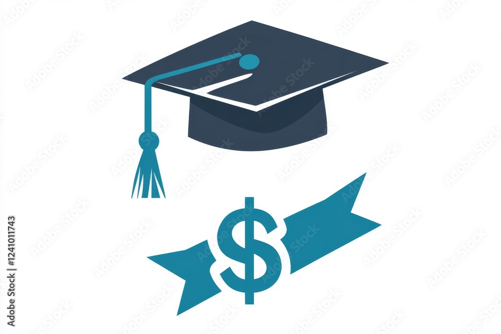 Poster a clean and simple icon of a graduation cap with a dollar sign underneath, representing tuition fees