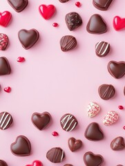 Fototapeta premium A Symphony of Hearts: A Delightful Collection of Exquisite Chocolate Hearts, Beautifully Displayed on a Pastel Pink Surface, Creating a Scene of Pure Romance and Sweet Indulgence