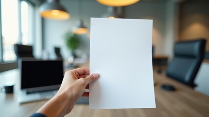 A4 Paper Mockup in Hands, Modern tech office background A4 paper mockup held with tech conference agenda.