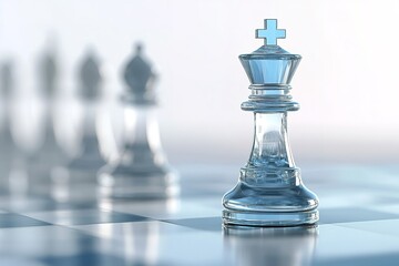 Glass chess king standing on chess board with other chess pieces out of focus