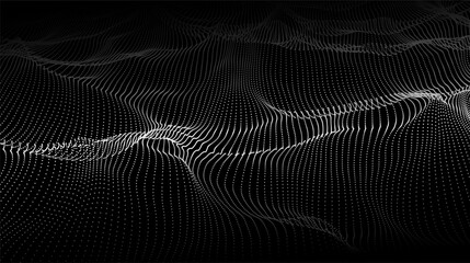 Vector abstract wave of white dots on a black background. Dynamic digital landscape with flowing particles. Futuristic design with motion and depth effect.