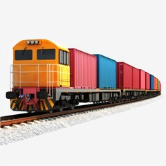 Naklejka premium Colorful Freight Train Traveling on Railroad Tracks with Cargo Containers in Bright Yellow, Blue, and Red Colors