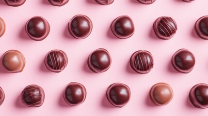 Fototapeta premium A Symphony of Hearts: A Delightful Collection of Exquisite Chocolate Hearts, Beautifully Displayed on a Pastel Pink Surface, Creating a Scene of Pure Romance and Sweet Indulgence