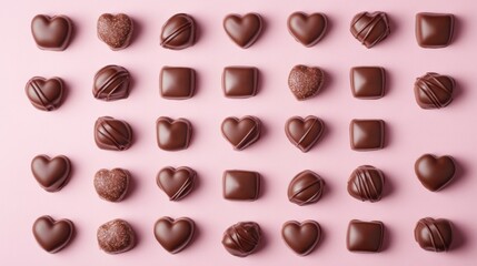 Fototapeta premium A Symphony of Hearts: A Delightful Collection of Exquisite Chocolate Hearts, Beautifully Displayed on a Pastel Pink Surface, Creating a Scene of Pure Romance and Sweet Indulgence