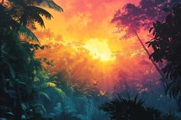 Obraz premium Tropical Sunset Through Lush Jungle Canopy