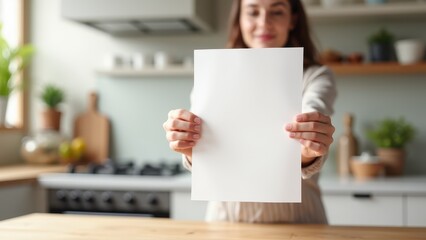 Fototapeta premium A4 Paper Mockup in Hands, Well-organized kitchen background gentle hold of A4 paper mockup with menu design.
