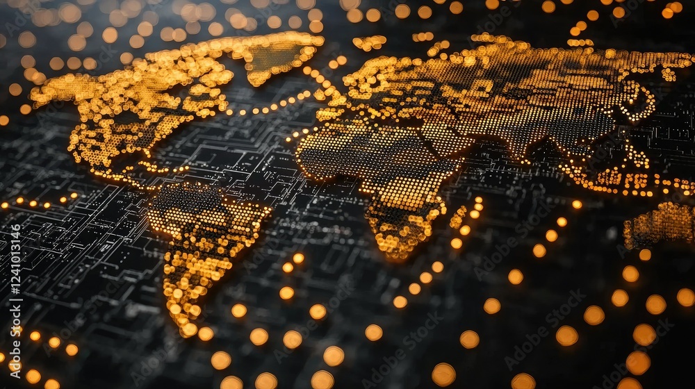 Poster illuminated world map on circuit board displaying global network