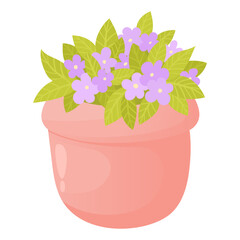 Small purple flowers in a vase, like violets. Isolated cartoon vector composition of bright fresh purple flowers conveys a spring mood for home decoration