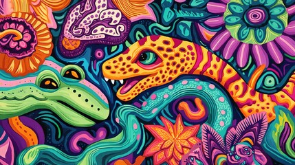 A vibrant, colorful illustration featuring a frog, a gecko, and a snake amidst floral patterns and abstract designs.