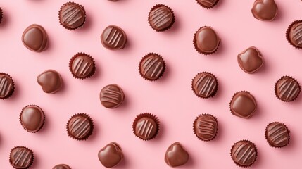 Fototapeta premium A Symphony of Hearts: A Delightful Collection of Exquisite Chocolate Hearts, Beautifully Displayed on a Pastel Pink Surface, Creating a Scene of Pure Romance and Sweet Indulgence