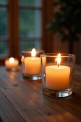  Candles in glass holders on the table, warm mood, cozy and elegant ambiance