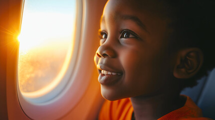 Smiling African American Boy Looking Out Airplane Window with Joy and Wonder During Travel Adventure