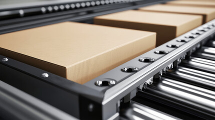 Conveyor belt transporting cardboard boxes in a modern packaging facility for sustainable goods movement