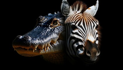 Crocodile and Zebra A Captivating Study of Nature s Contrasts in Monochrome. Wildlife Portrait.