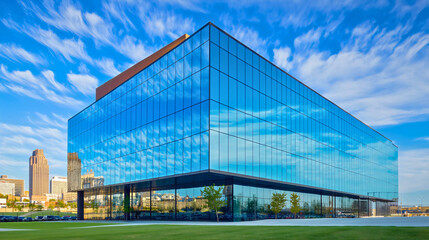 Obraz premium Modern Glass Office Building in Urban Cityscape with Reflective Facade and Blue Sky