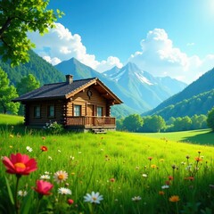 Fototapeta premium Sunny wooden chalet in green meadow with flowers, green, nature