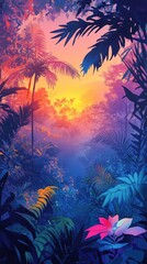 Obraz premium Vibrant Tropical Sunset Through Lush Foliage
