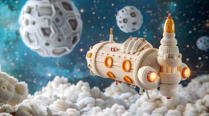 Futuristic Sci Fi Spacecraft Exploring Planetary Galaxies in Digital Space