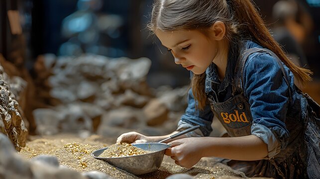 Side View. A girl reenacting a scene from the Gold Rush, panning for &acirc;&euro;&oelig;gold&acirc;&euro; in a shallow sandbox with toy tools