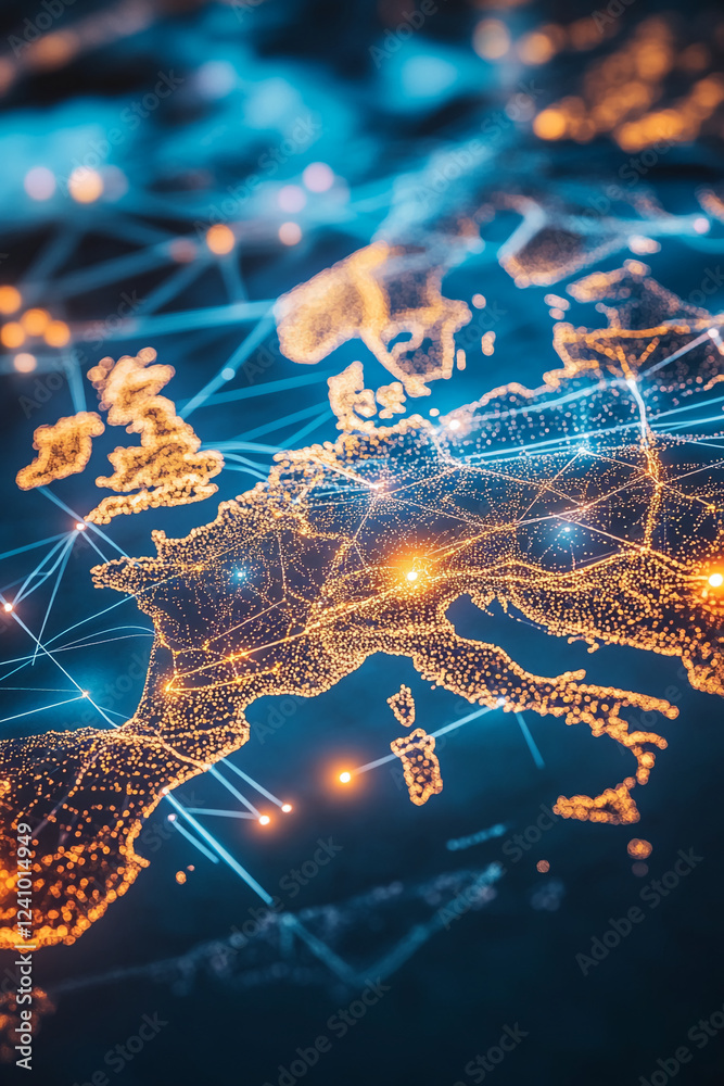 Poster Close-up of a glowing digital map of Europe, highlighting a network of interconnected points and lines, representing the concept of a global data communication network.