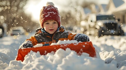 Over-the-Shoulder. A boy pretending to operate a snowplow during a Canadian winter, steering a toy truck through piles of fake snow