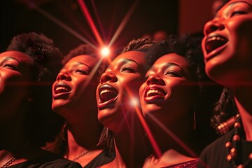 Joyful African American women in a gospel choir singing passionately under dramatic red lights. Perfect for music events, inspirational art, and cultural designs with vibrant energy
