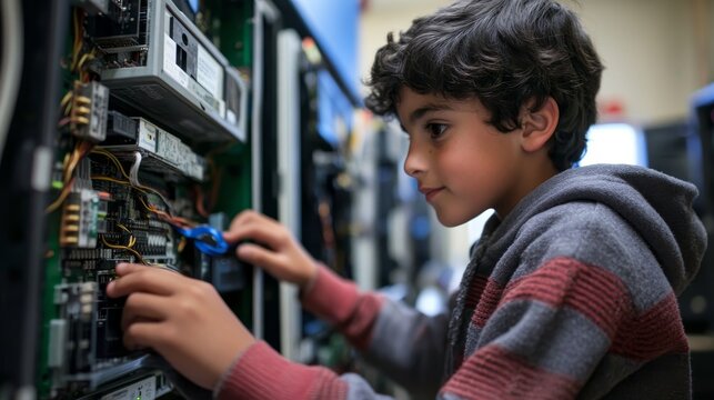 Curious child examining network server equipment in data center, showcasing youth engagement with modern technology and STEM education