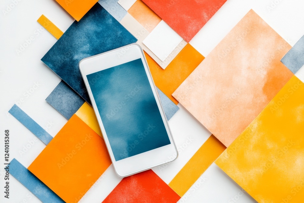 Aufkleber A geometric depiction of a smartphone screen showing a simple banking interface, representing student account management, using soft colors and sharp contrasts