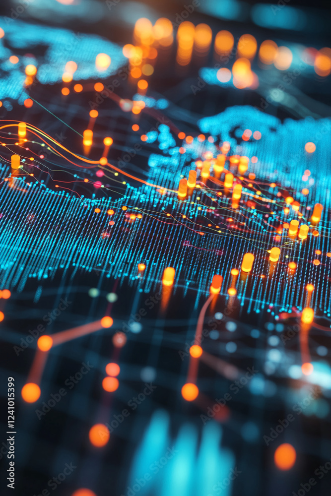 Poster Close-up view of a glowing digital map of Europe, with vibrant orange and blue lights representing a global interconnected network and data communication.