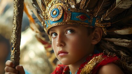 Side View. A boy pretending to be an Incan emperor, wearing a toy headdress and holding a staff
