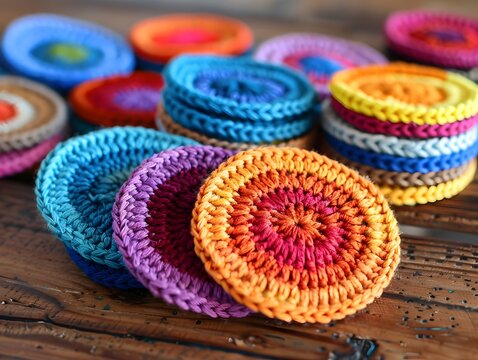 Handcrafted Crochet Coasters with Vibrant Colorful Patterns on Wooden Background
