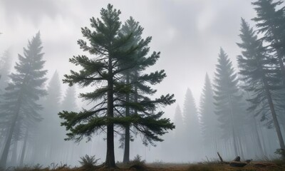 Fototapeta premium tall pine tree in the misty forest atmosphere, Christmas tree scenery, pine tree in the distance, pine tree foggy atmosphere
