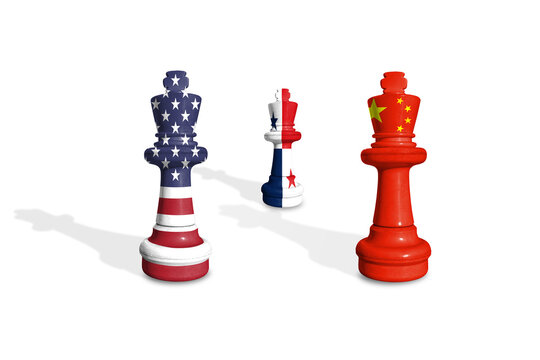 Chess made from US, China and Panama flags on a white background