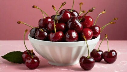 A bright white bowl full of delicious ripe cherries on a red background; close up shot