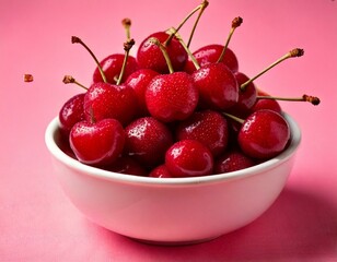 A bright white bowl full of delicious ripe cherries on a pink background; close up shot