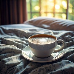 close up of a steaming coffee mug with embossed pottery art ,perfect morning wake up scene