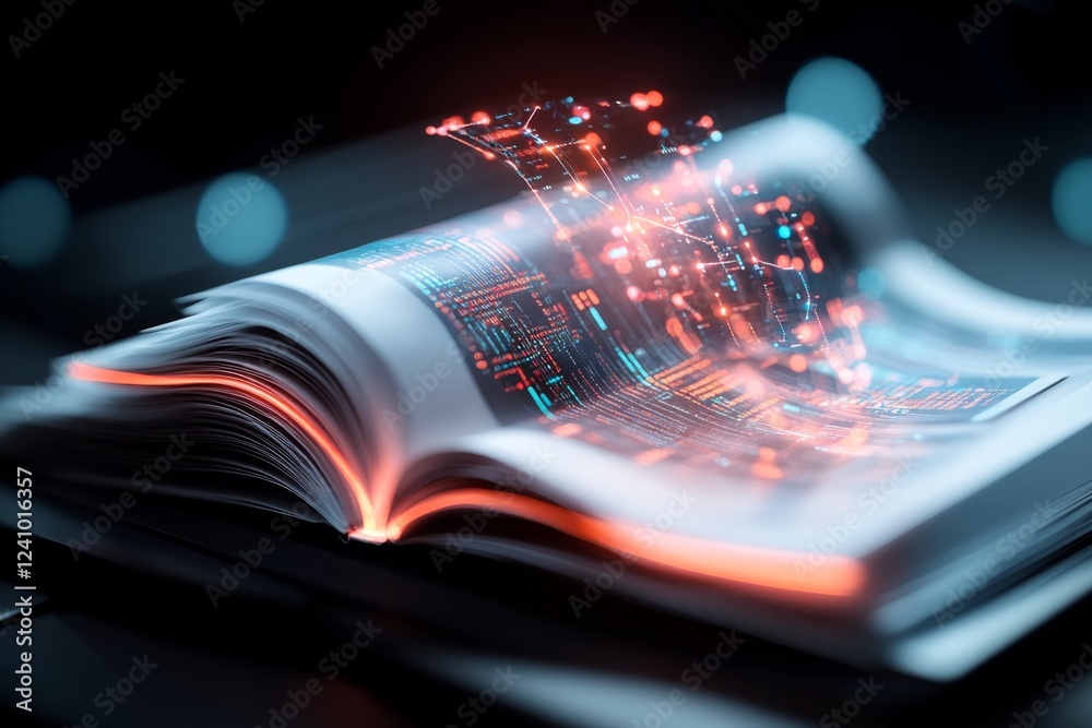 Poster a holographic bank statement floating in mid-air, showing real-time transactions with glowing neon-b