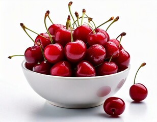  A white bowl full of delicious ripe cherries on a white background; close up shot