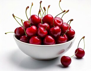 A white bowl full of delicious ripe cherries on a white background; close up shot
