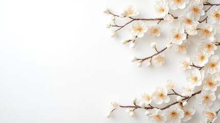 White blossoms border on white background; spring floral design; greeting card