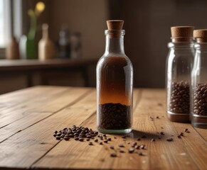 Wooden Table with Coffee Grains in a Distressed Glass Bottle, rustic, bottle